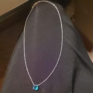 Silver Necklace with Blue Square Gemstone Pendant